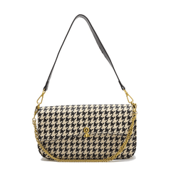 Houndstooth  Pattern Chain Accented Denim Handbag