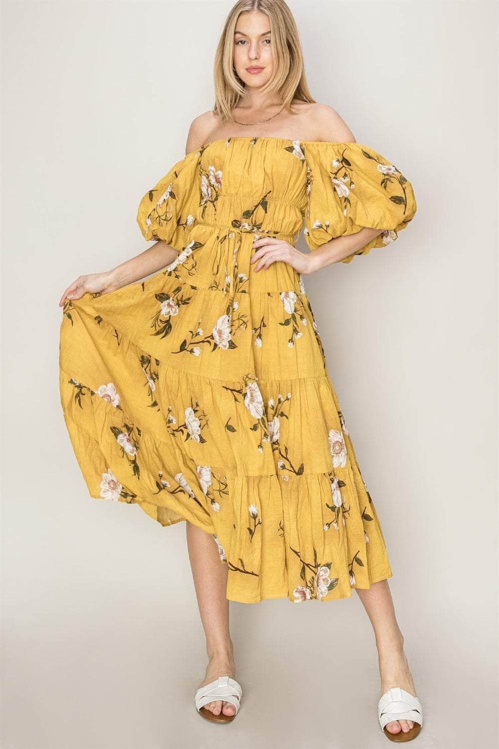 HYFVE Floral Puff Sleeve Tiered Dress MUSTARD / S