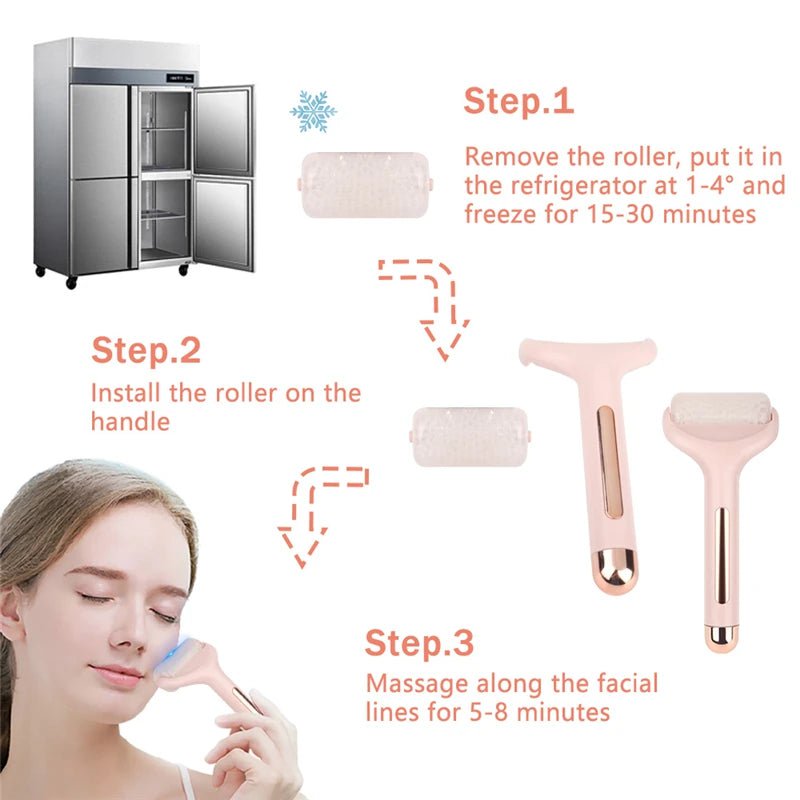 Ice Face Roller Massager: Skin Lifting, Face & Body Massage, Neck Tightening, Anti-wrinkles, Pain Relief pink with box