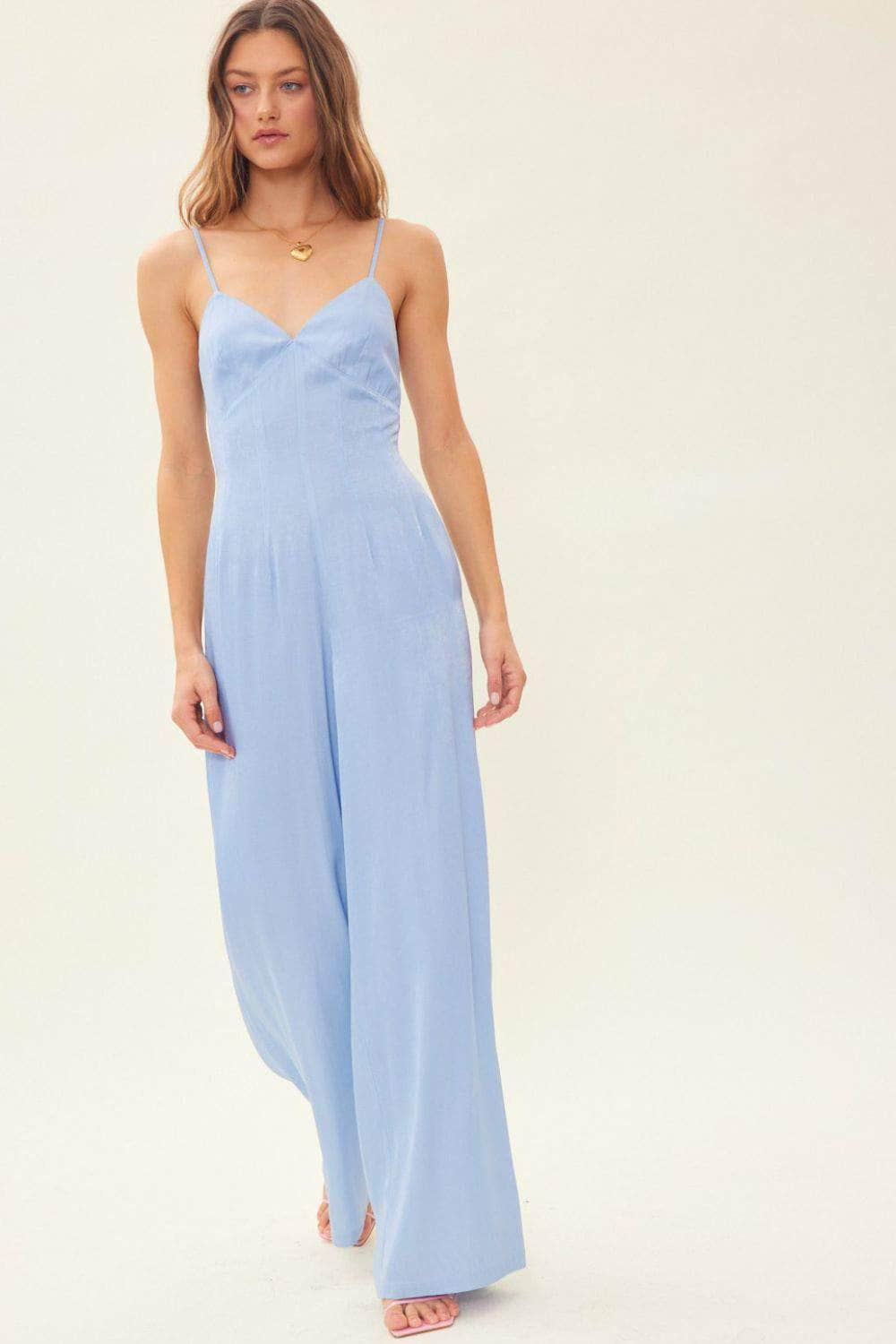 Idem Ditto Drawstring Back Sleeveless Wide Leg Jumpsuit Lt.Denim Blue / S