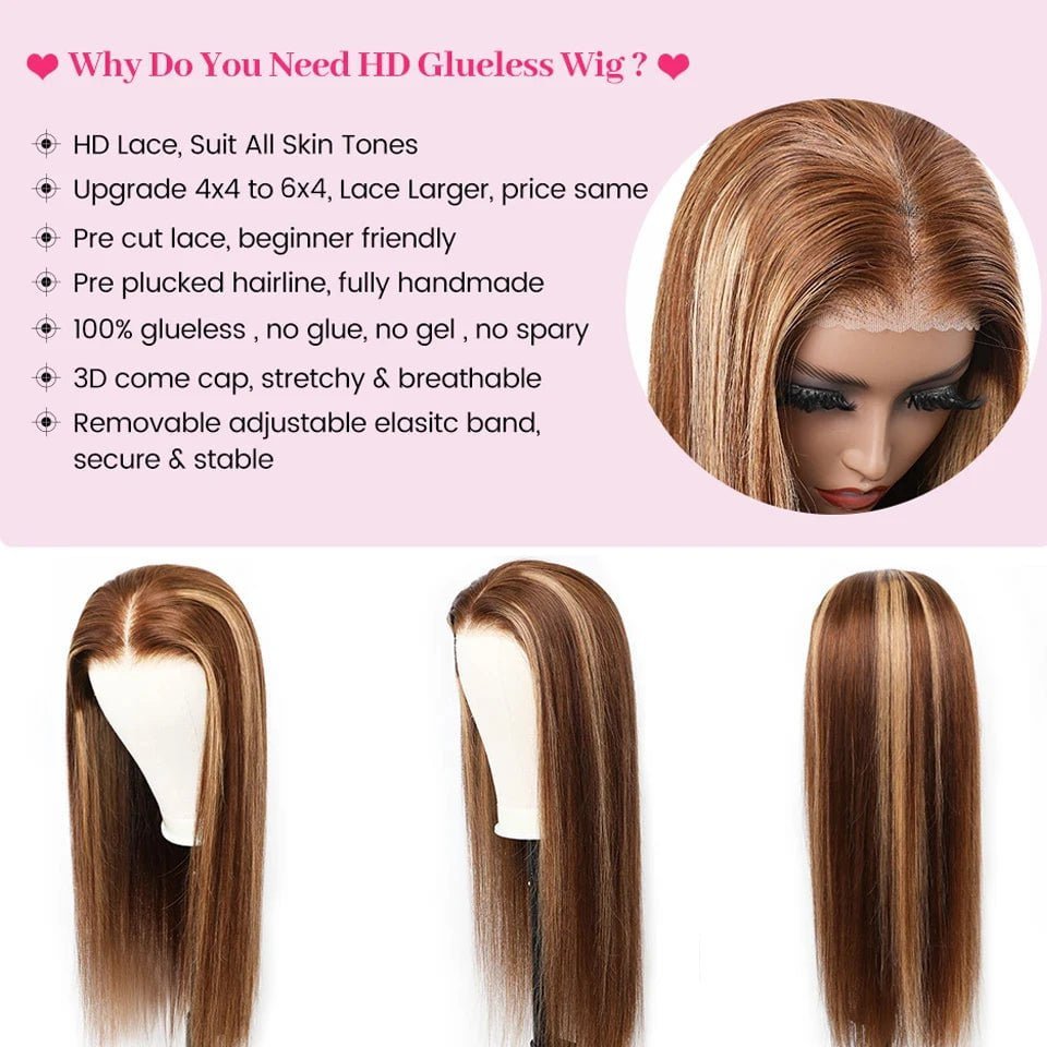 Indian Human Hair Wig - Wear And Go, 4/27 Highlight Straight, 6x4 HD Glueless Wigs, Human Hair, Ready To Wear
