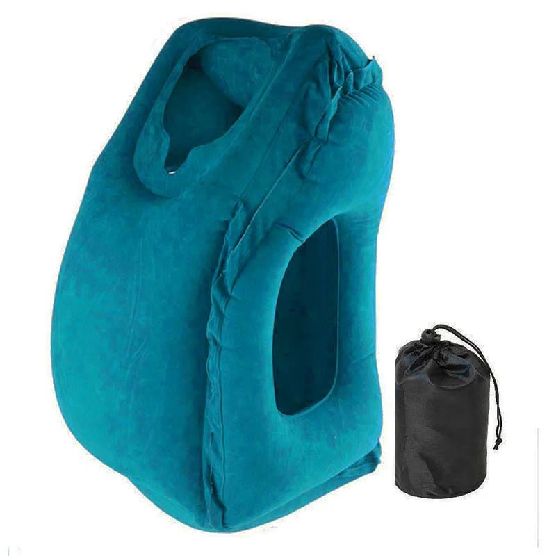 Inflatable Travel Pillow for Headrest and Chin Support Blue