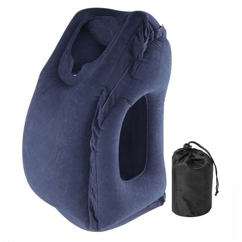 Inflatable Travel Pillow for Headrest and Chin Support Navy Blue
