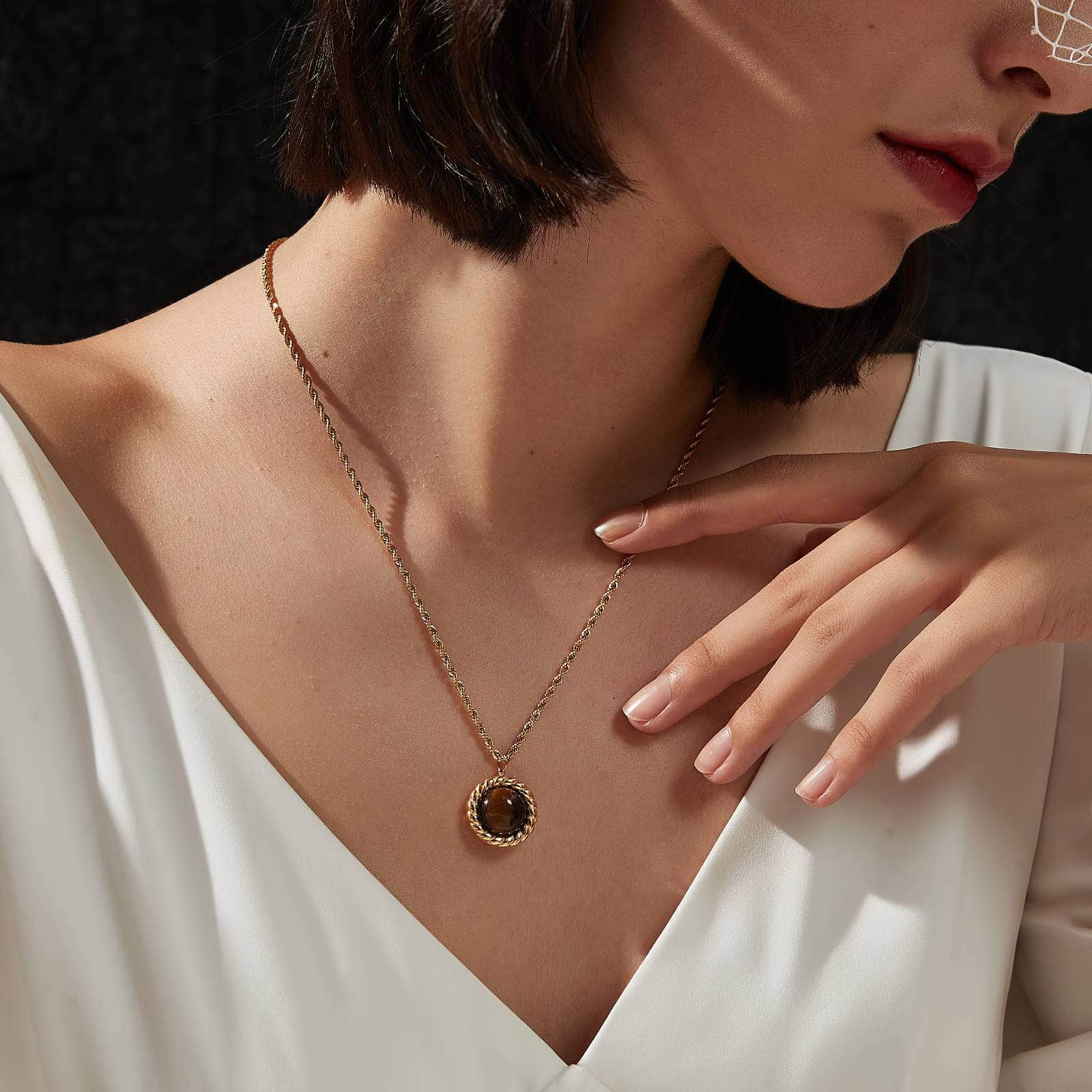 Inlaid Moon Pendant 18K Braided Gold Necklace Gold