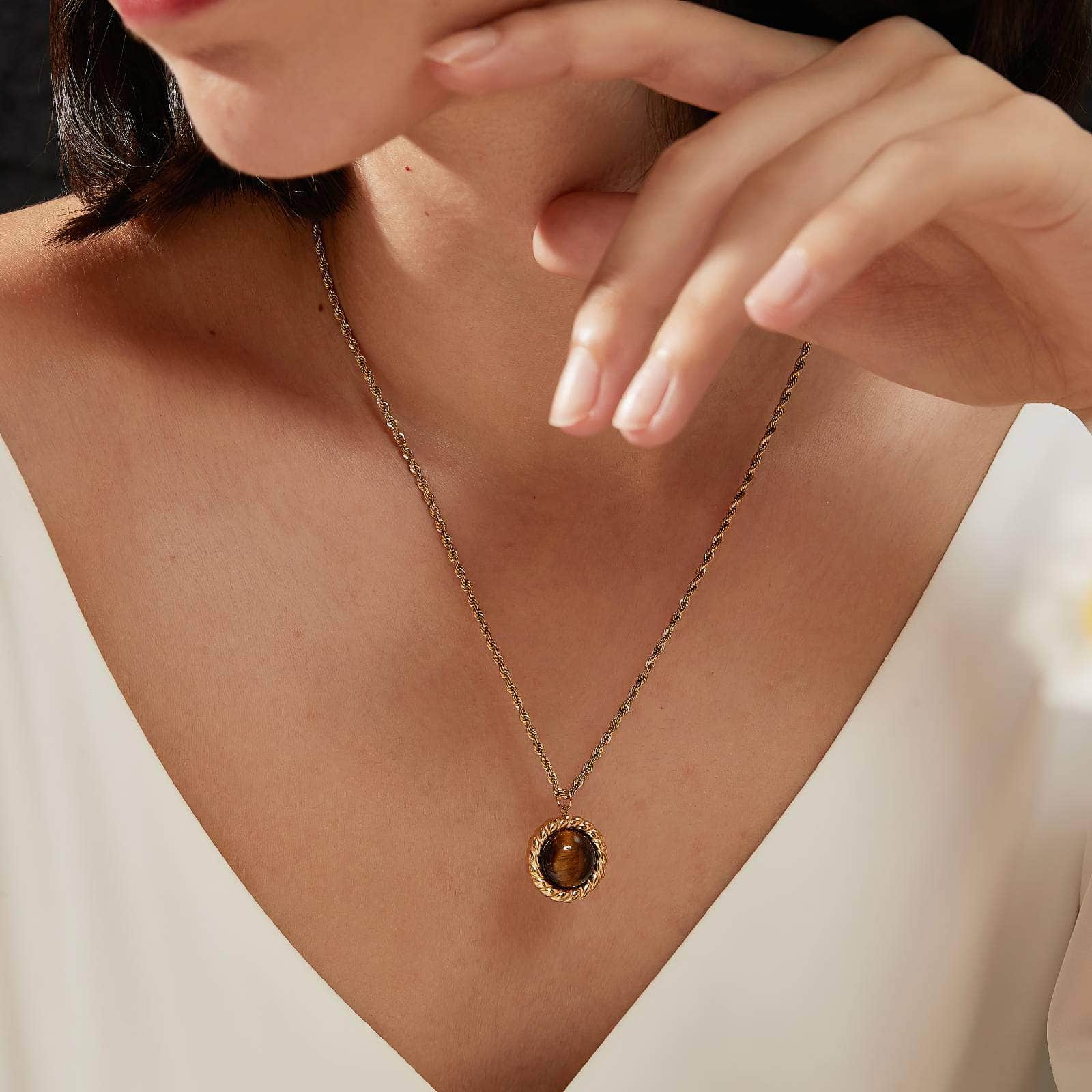 Inlaid Moon Pendant 18K Braided Gold Necklace Gold