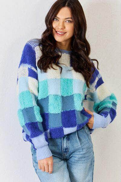 J.NNA Checkered Round Neck Long Sleeve Sweater Blue Multi / S