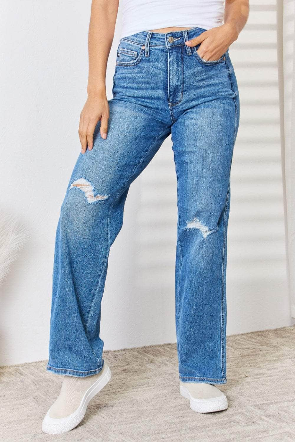 Judy Blue Full Size High Waist Distressed Straight-Leg Jeans Medium / 0