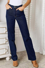 Judy Blue Full Size Raw Hem Straight Leg Jeans with Pockets Dark / 0(24)