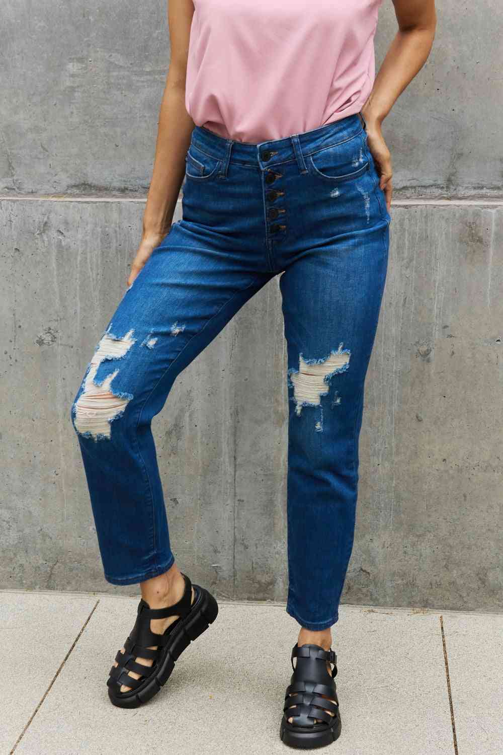 Judy Blue Melanie Full Size High Waisted Distressed Boyfriend Jeans Dark / 0(24)