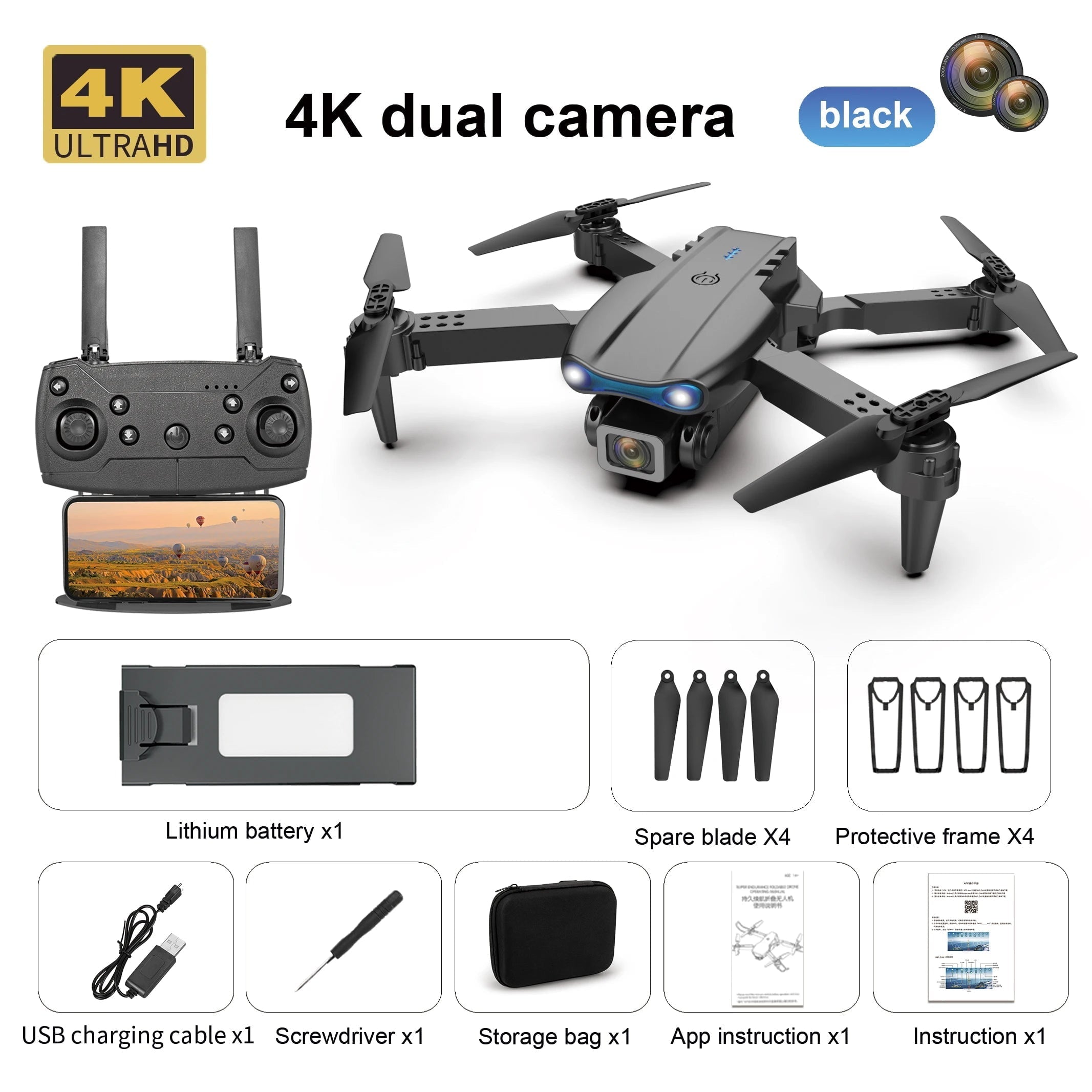K3 E99 Pro Mini Drone: HD Camera, WIFI FPV, Three-sided Obstacle Avoidance 4K-Dual -Black
