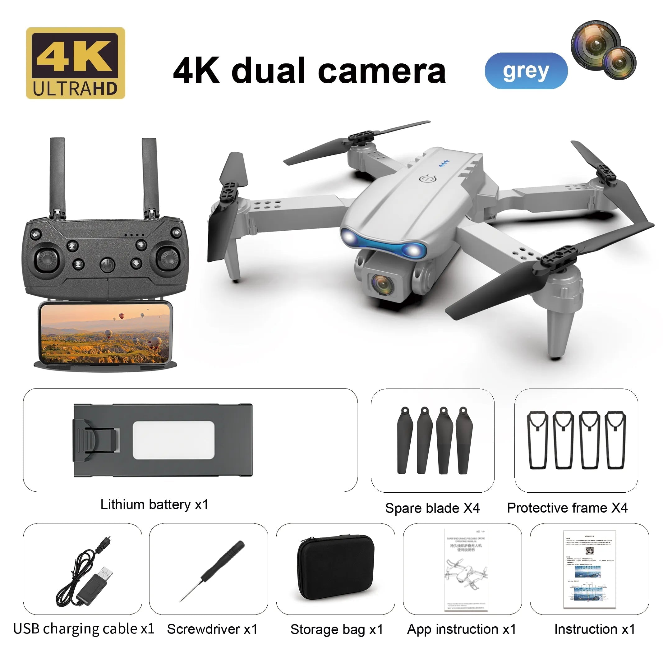 K3 E99 Pro Mini Drone HD Camera - WIFI FPV - Three-sided Obstacle Avoidance - Foldable RC Quadcopter 4K-Dual - Grey