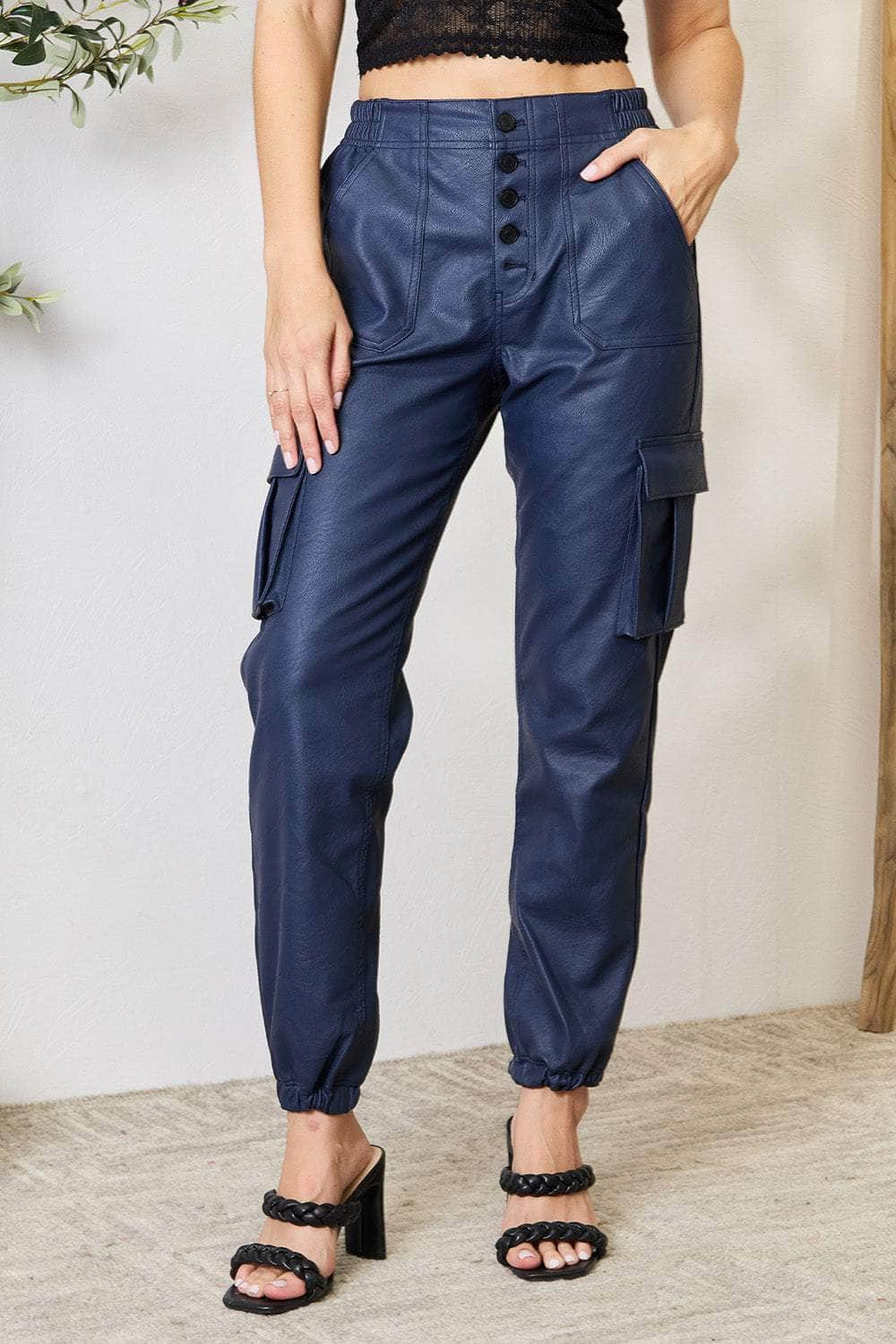 Kancan High Waist Faux Leather Cargo Joggers Navy / S