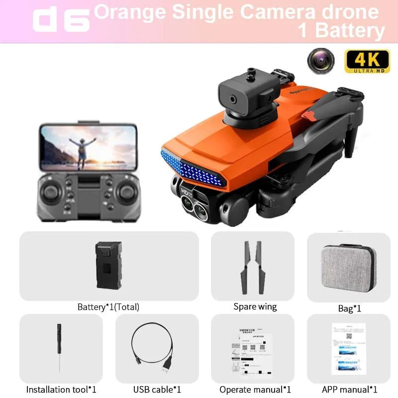 KBDFA D6 Mini 4K HD Camera Drone - Aerial Photography - Obstacle Avoidance - Foldable Quadcopter Orange-Single C-1B