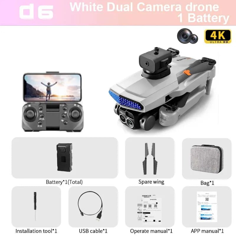 KBDFA D6 Mini 4K HD Camera Drone - Aerial Photography - Obstacle Avoidance - Foldable Quadcopter White-Dual C-OF-1B