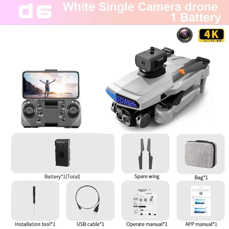 KBDFA D6 Mini Drone: 4K HD Camera, Aerial Photography, Obstacle Avoidance White-Single C-1B