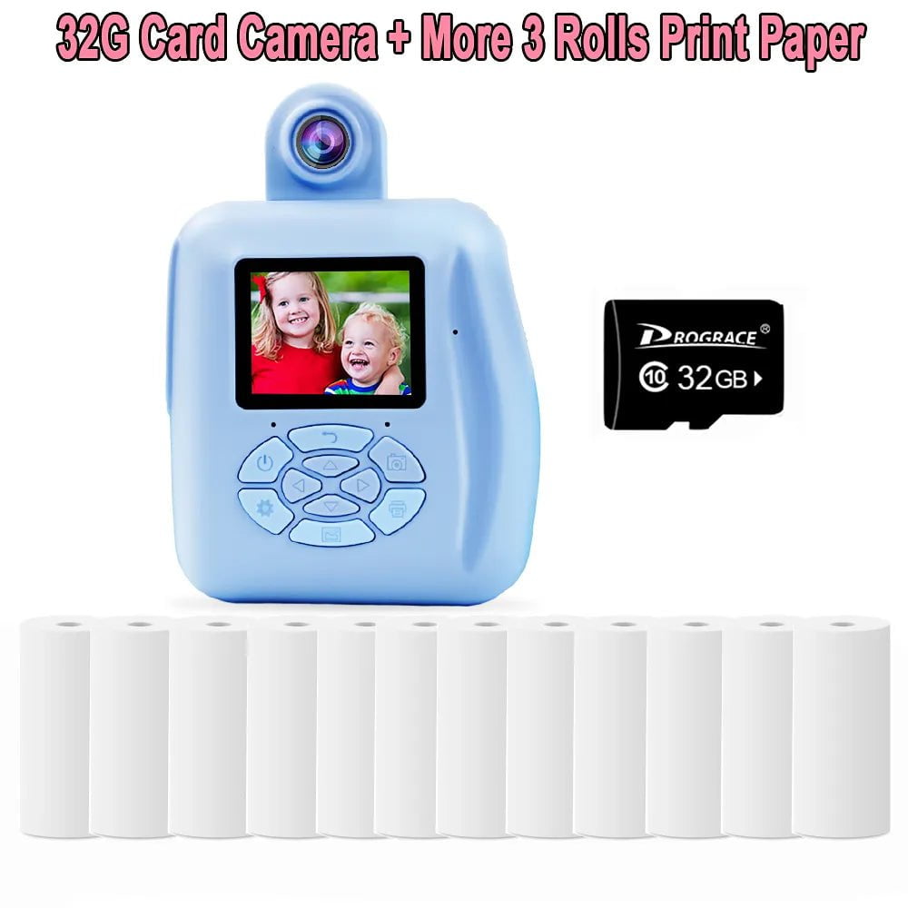 Kid Digital Camera - Instant Printing, Thermal Print, Children Photo Camera, Kids Toys for Girls and Boys 32G Blue 12 Paper