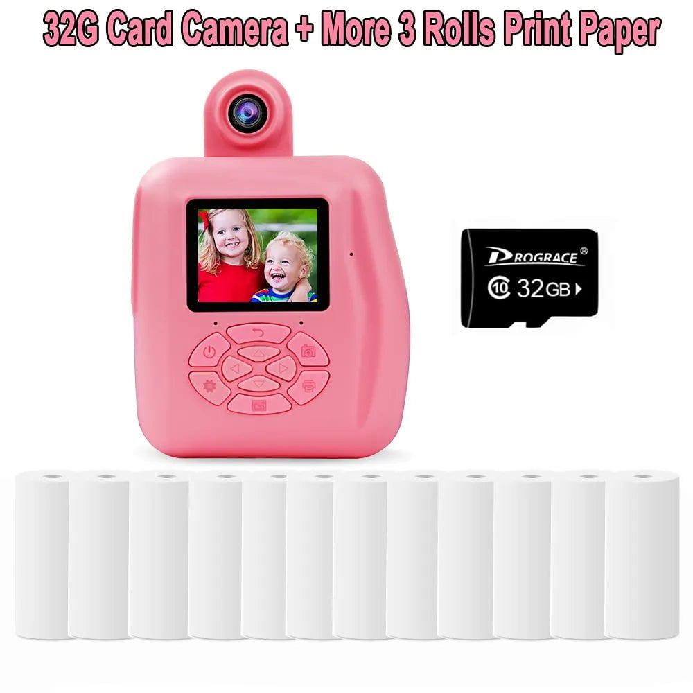 Kid Digital Camera - Instant Printing, Thermal Print, Children Photo Camera, Kids Toys for Girls and Boys 32G Pink 12 Paper