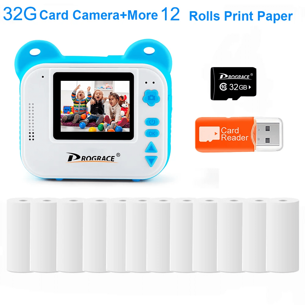 Kid Instant Print Camera - Thermal Printing, Kids Digital Instant Photo Camera, Video, Kids Toys Camera for Children 32G Blue Add12 Paper