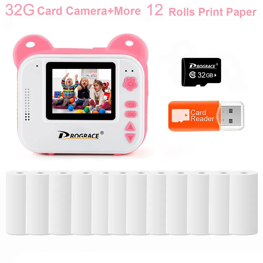 Kid Instant Print Camera - Thermal Printing, Kids Digital Instant Photo Camera, Video, Kids Toys Camera for Children 32G Pink Add12 Paper