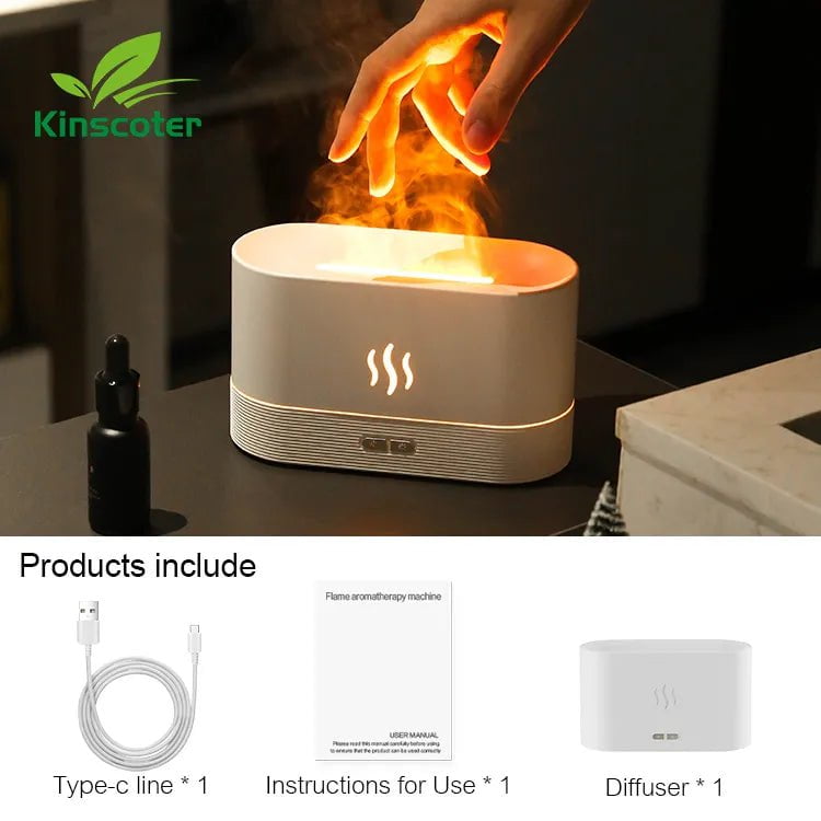 Kinscoter Ultrasonic Aroma Diffuser with LED Flame Lamp 180ml White