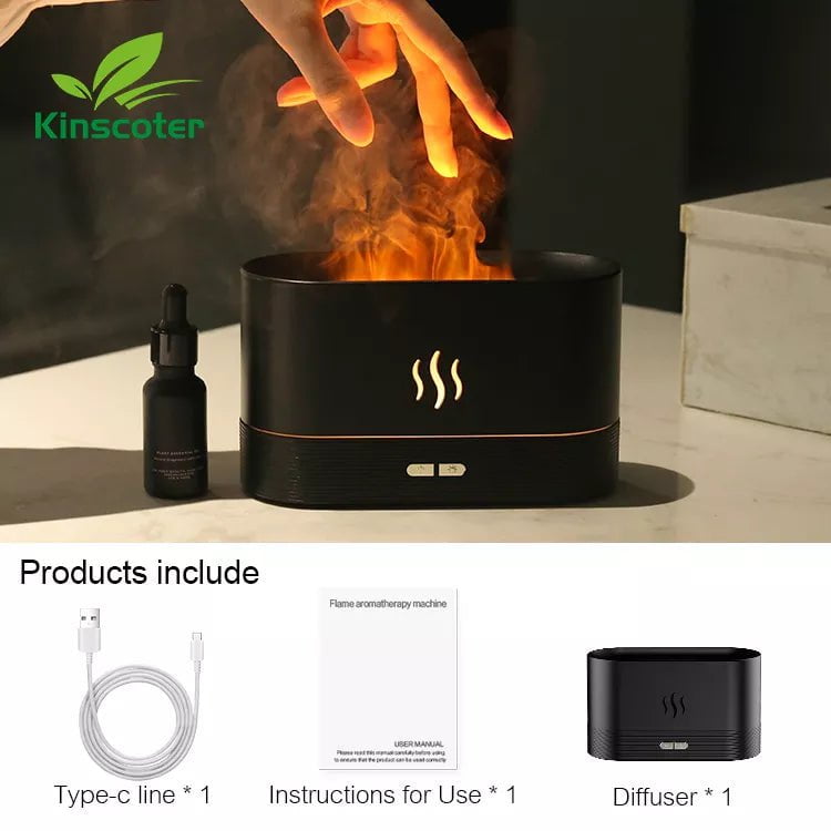 Kinscoter Ultrasonic Aroma Diffuser with LED Flame Lamp - Cool Mist Maker and Essential Oil Humidifier 180ml Black
