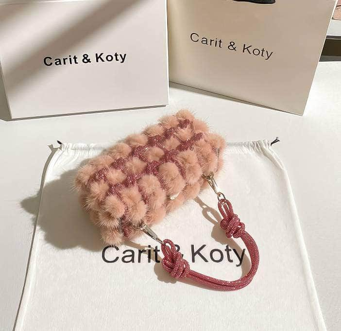 Knotted Rhinestone Handle Furry Clutch Bag LightPink