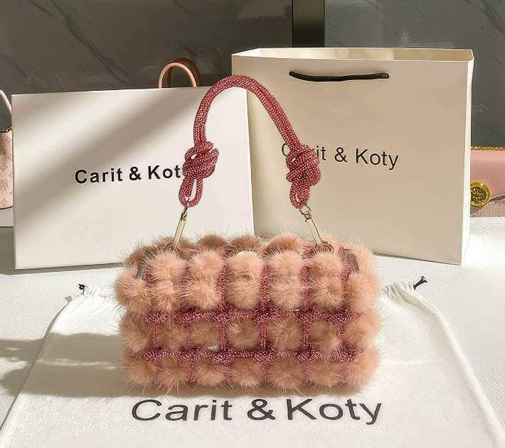 Knotted Rhinestone Handle Furry Clutch Bag LightPink