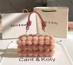 Knotted Rhinestone Handle Furry Clutch Bag LightPink