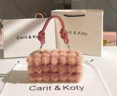 Knotted Rhinestone Handle Furry Clutch Bag LightPink