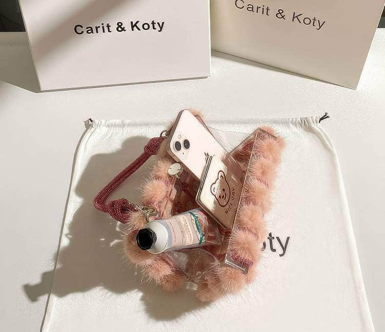 Knotted Rhinestone Handle Furry Clutch Bag LightPink