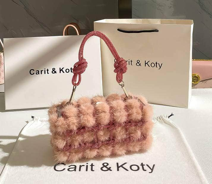 Knotted Rhinestone Handle Furry Clutch Bag LightPink