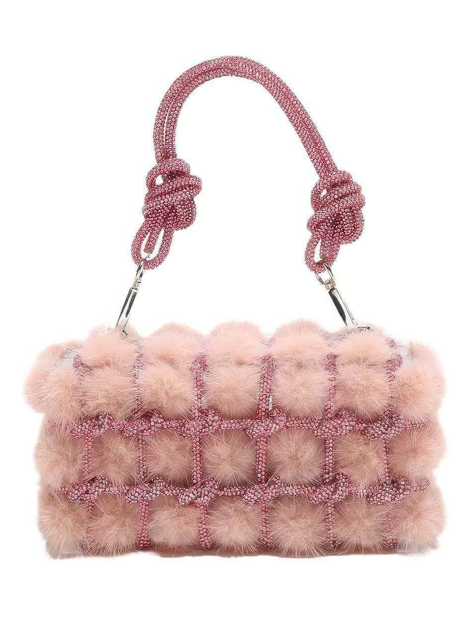 Knotted Rhinestone Handle Furry Clutch Bag LightPink