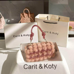 Knotted Rhinestone Handle Furry Clutch Bag LightPink