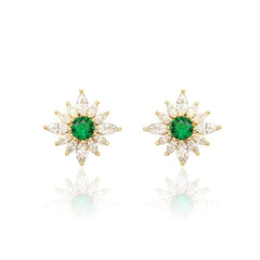 Lab Grown Delicate Cut Sunflower Studded Emerald Earrings Green / Clip On