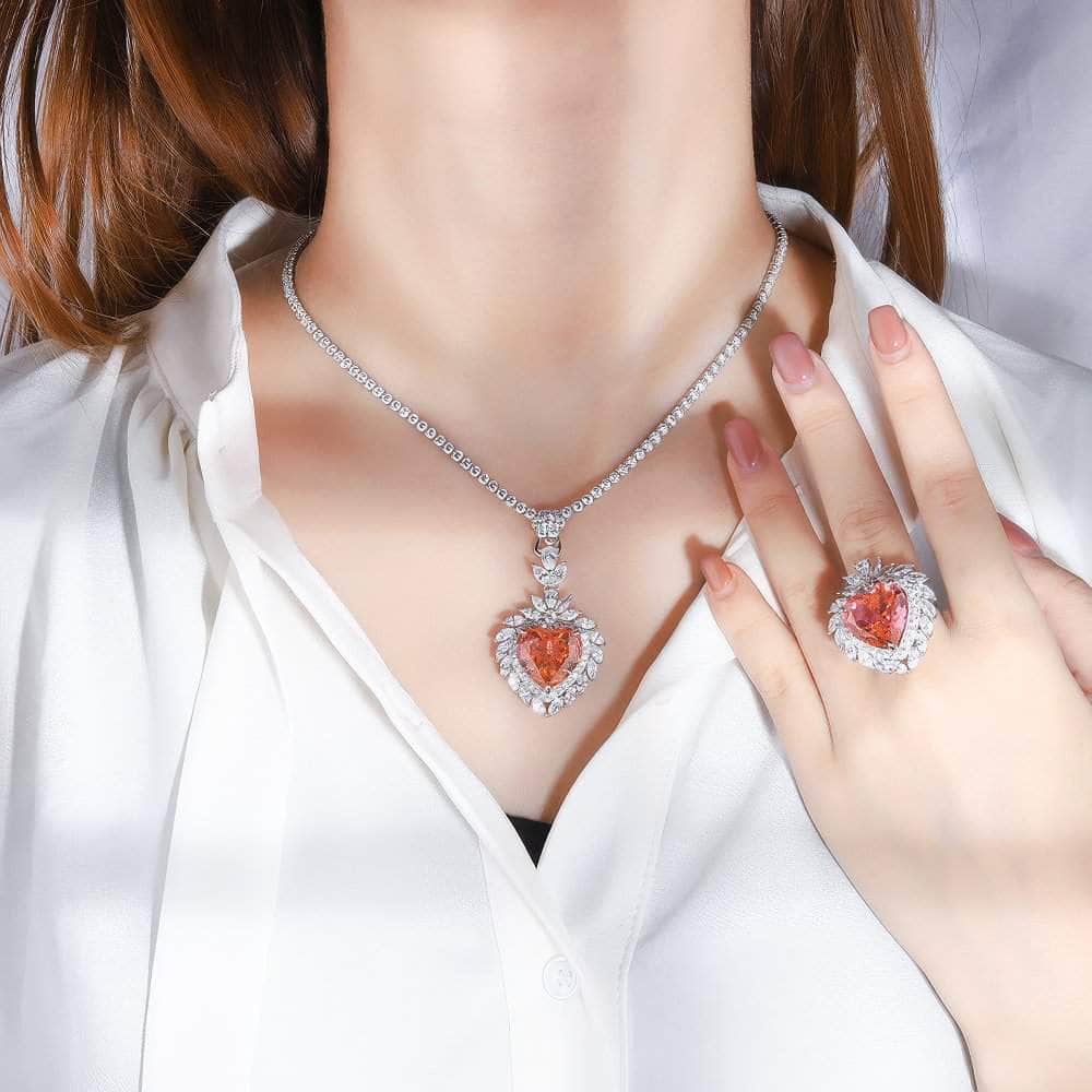 Lab Simulated Diamond Genuine Padparadscha Sapphire 14k White Gold Heart Pendant Necklace