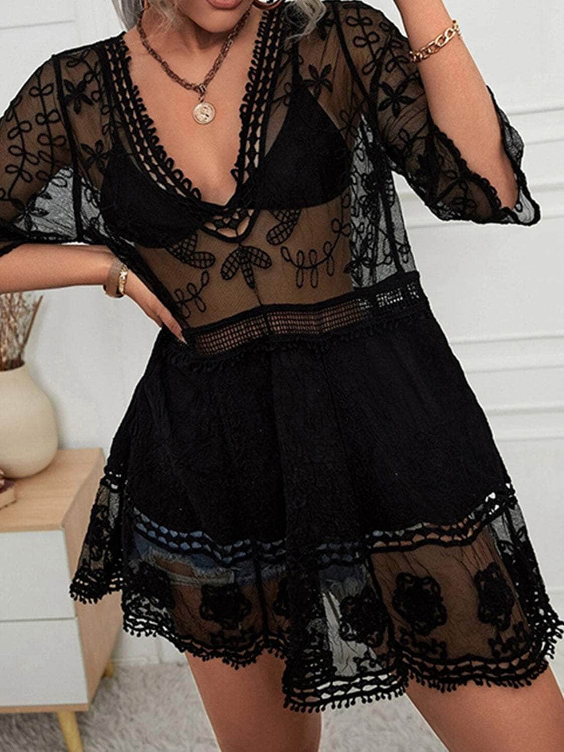 Lace Detail Plunge Cover-Up Dress Black / One Size