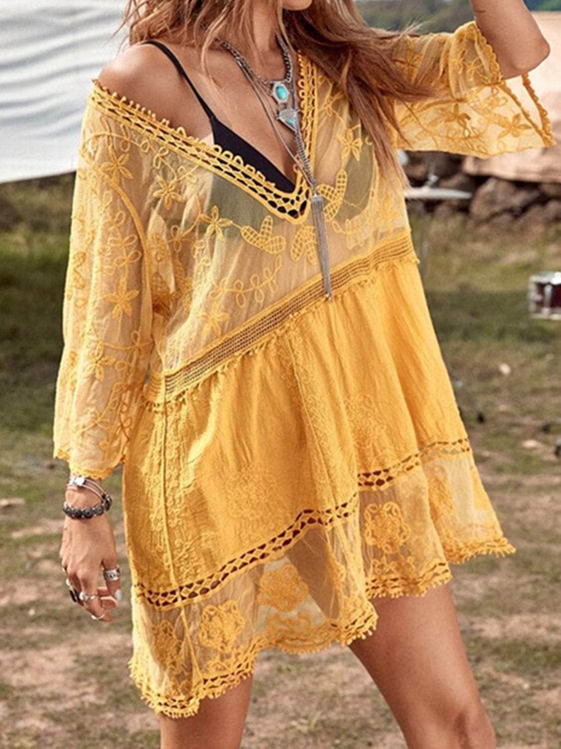Lace Detail Plunge Cover-Up Dress Mustard / One Size