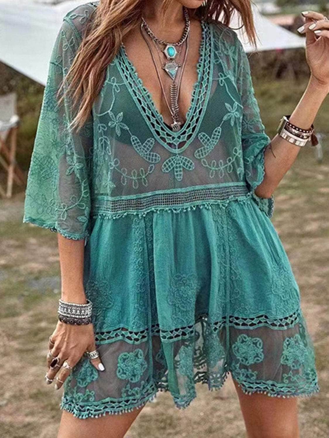 Lace Detail Plunge Cover-Up Dress Turquoise / One Size