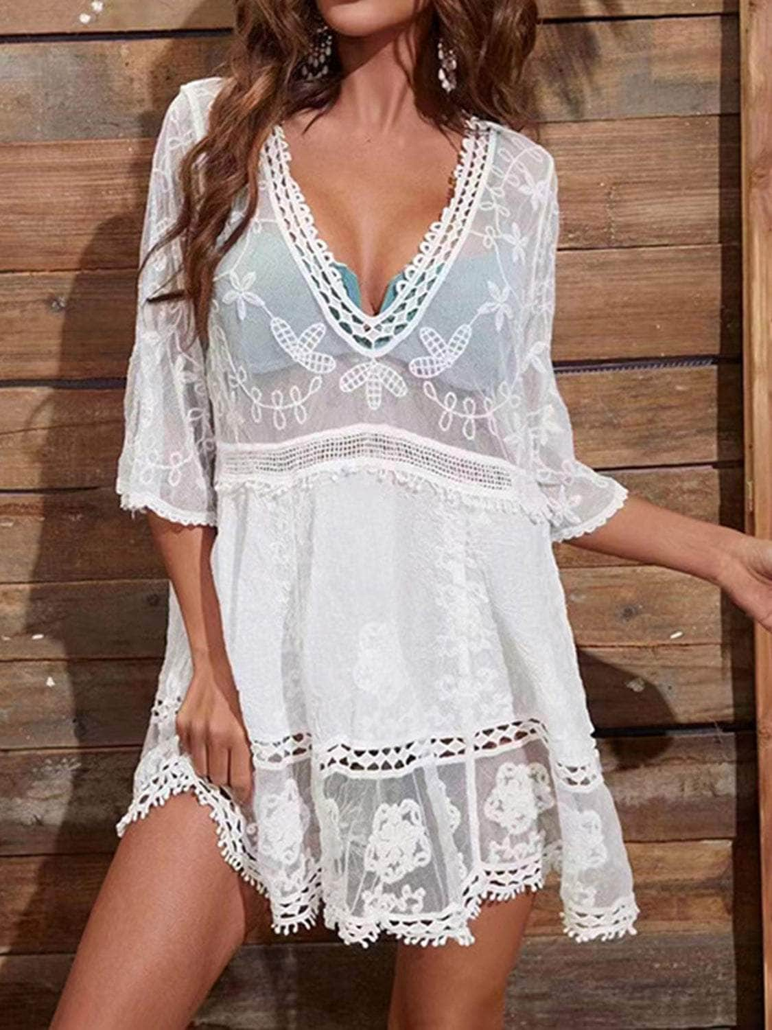 Lace Detail Plunge Cover-Up Dress White / One Size