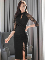 Lace Detailed Sleeve Pleated Bodycon Dress S / Black