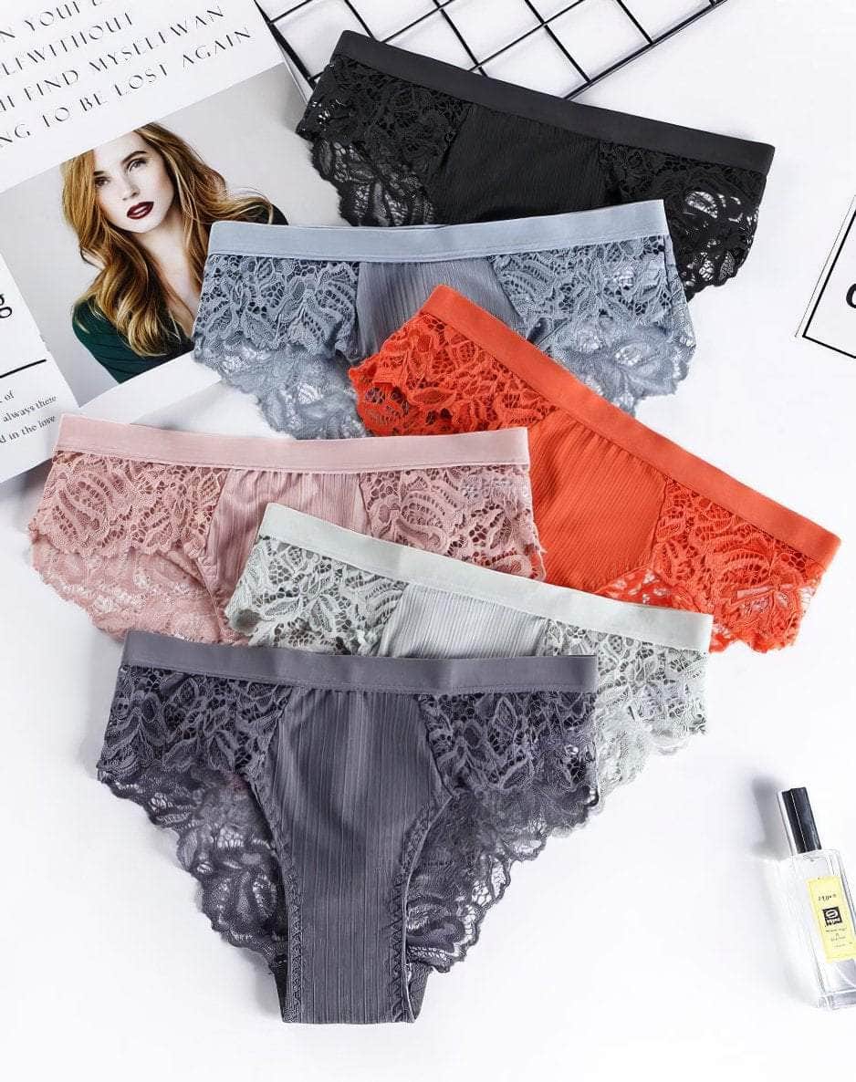Lace Embroidered Low Mid Breathable Panties S / Assorted Colors-Set Of 3