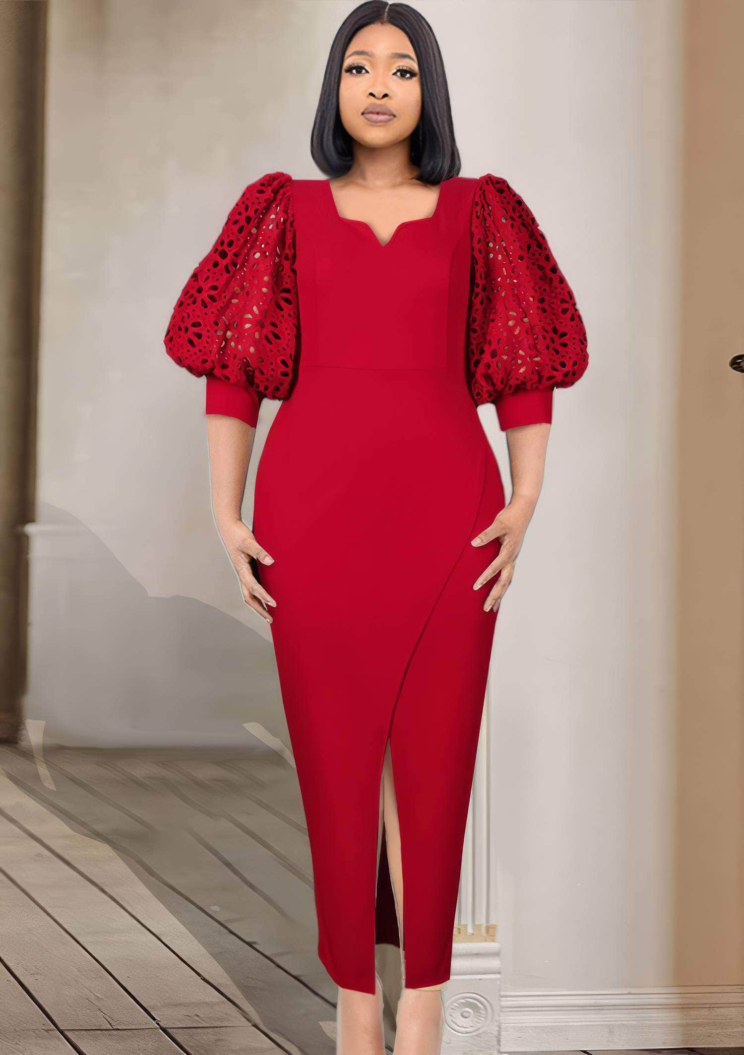 Lace Puff Lantern Sleeves Wrap Dress US 4-6 / Red