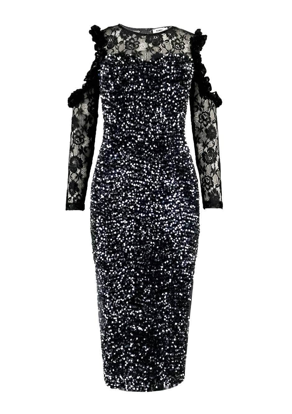 Lace Shoulder Sleeves Cut Out Sequin Dress