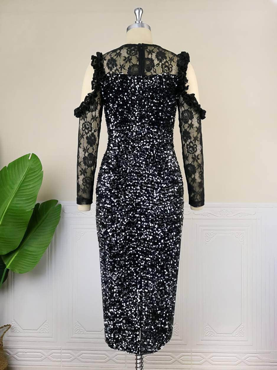 Lace Shoulder Sleeves Cut Out Sequin Dress