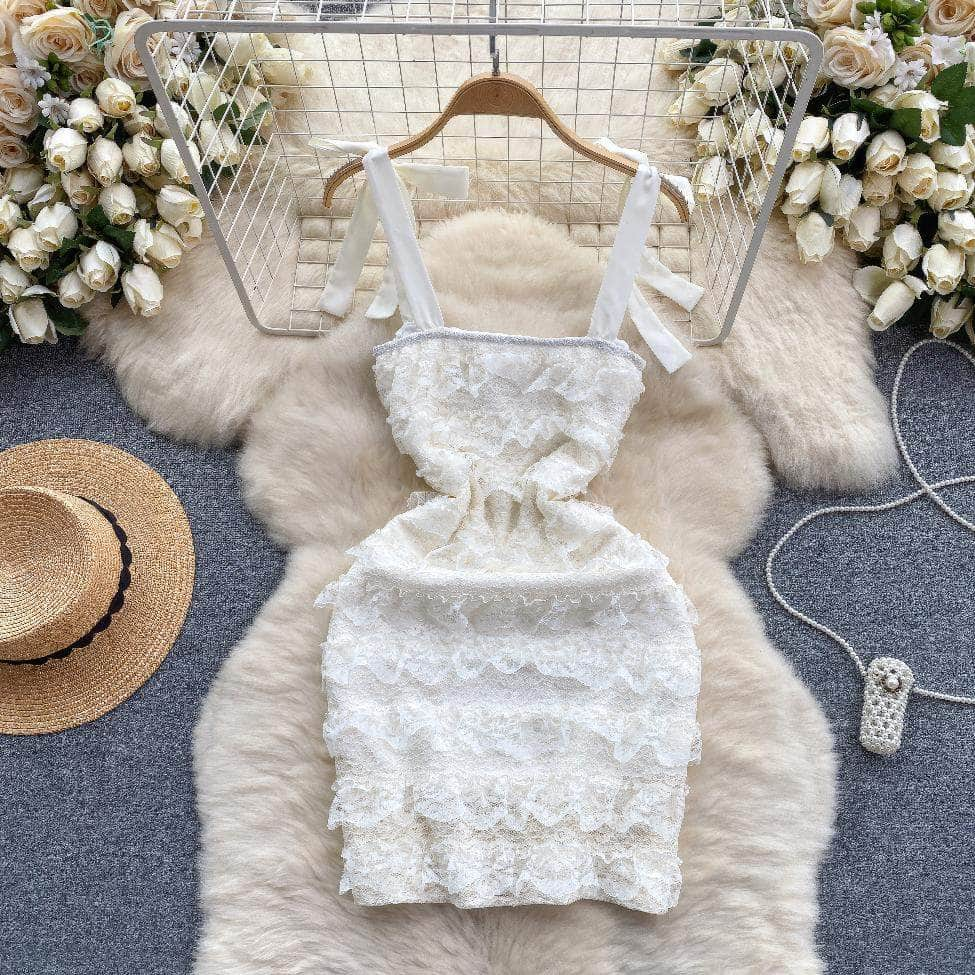 Lace Strap Mesh Fringed Floral Slimfit Dress