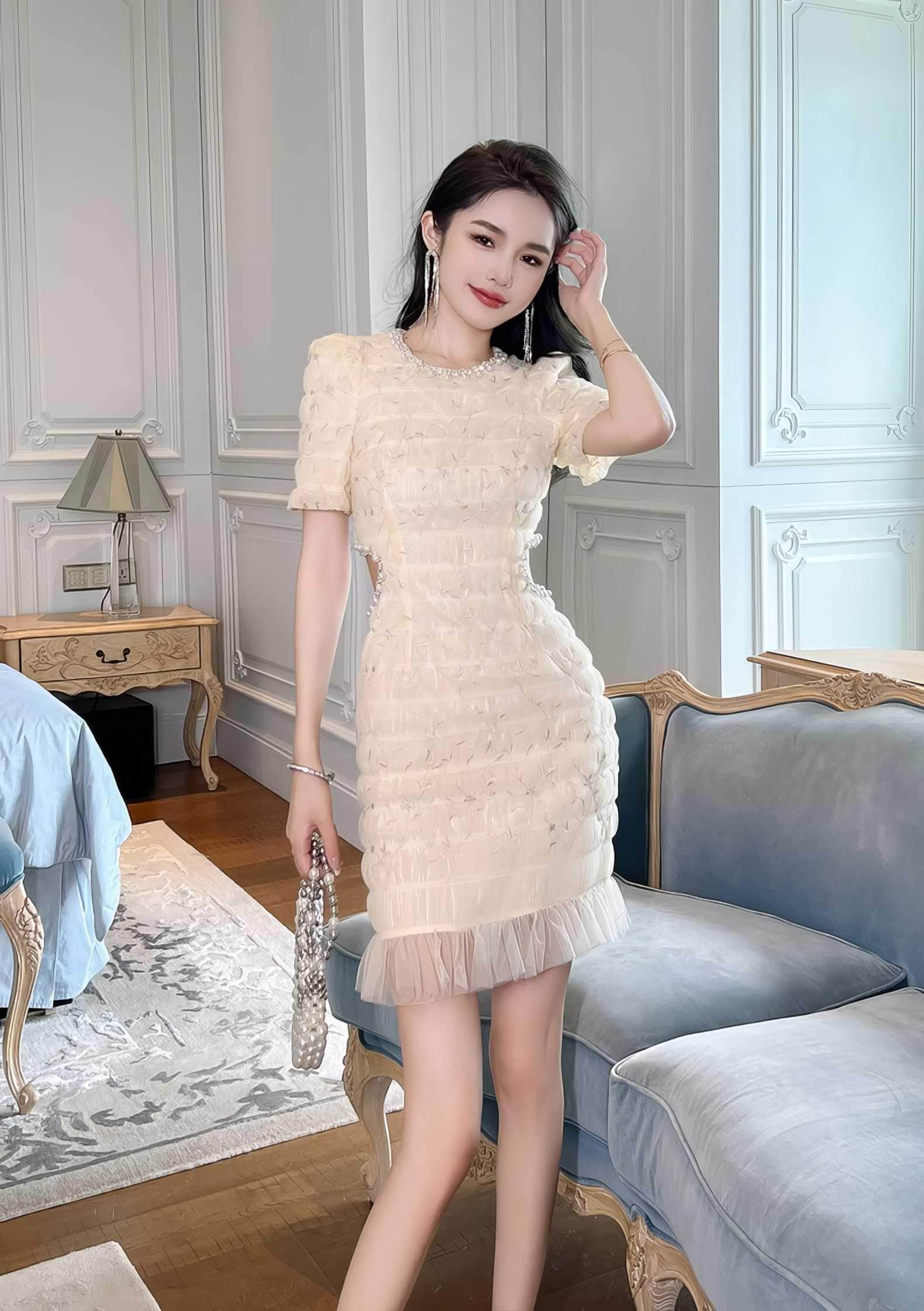 Lace-Trimmed Ruched Cutout Tulle Dress