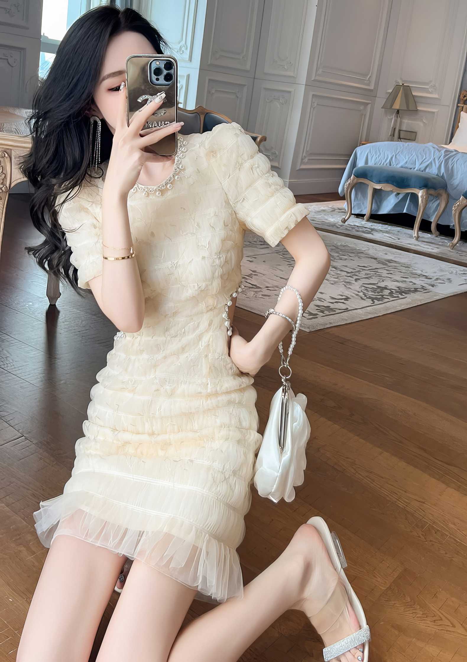 Lace-Trimmed Ruched Cutout Tulle Dress