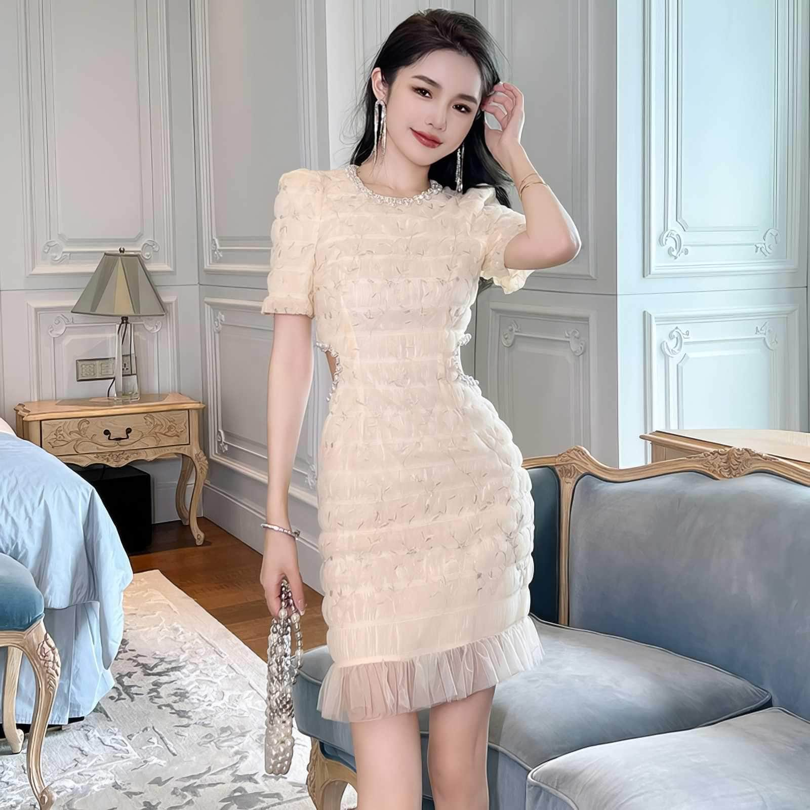 Lace-Trimmed Ruched Cutout Tulle Dress