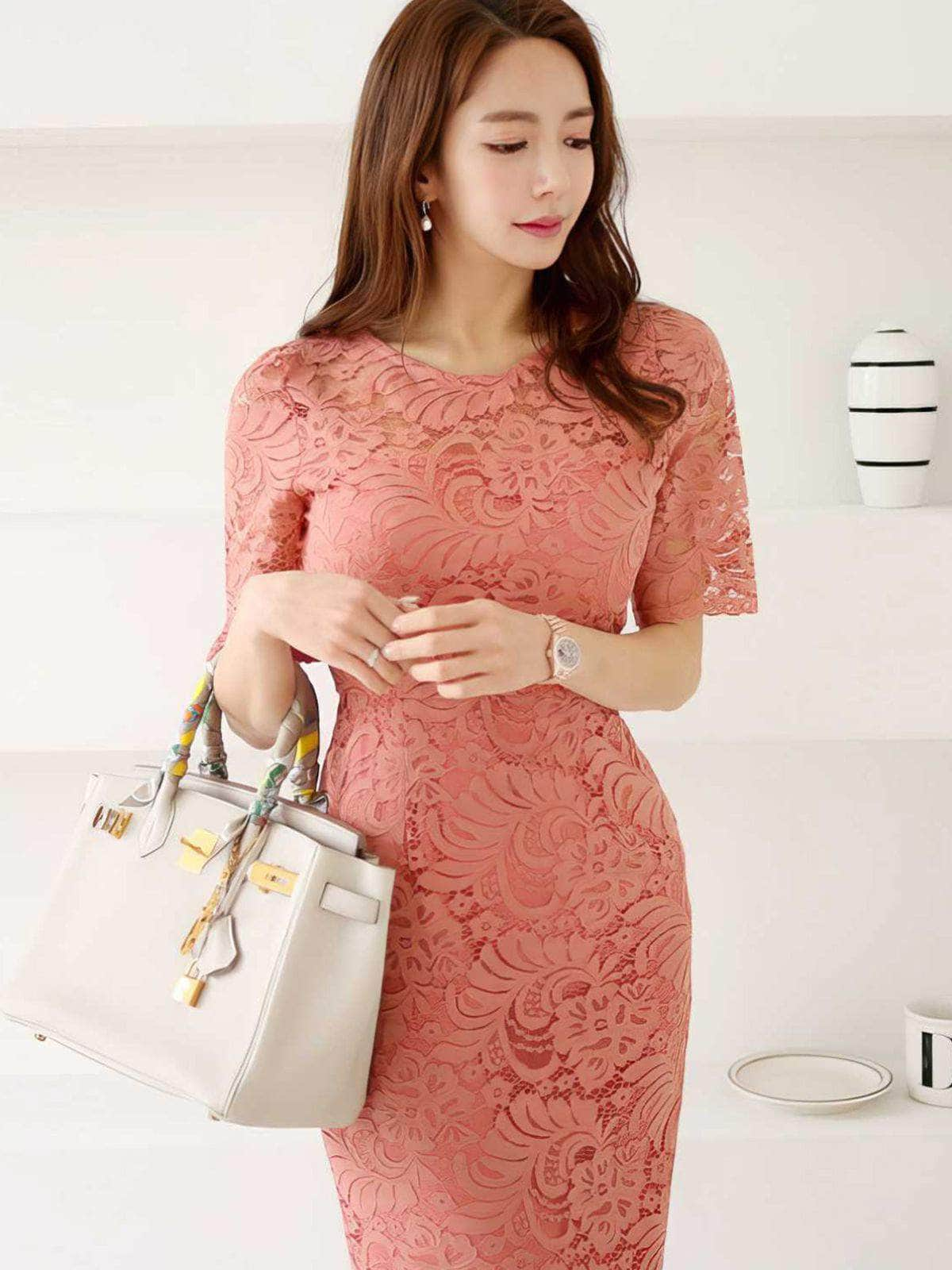 Lace Trimmed Slimfit Midi Dress S / Salmon