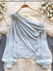 Lantern Sleeves 3D Floral Ruffled Blouse S / PowderBlue